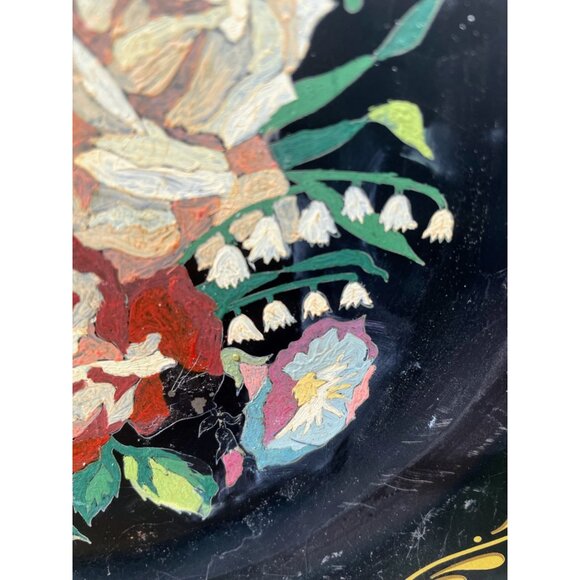 Antique 1930s Metal Toleware Hand Painted wall Plate Roses Flowers - Picture 13 of 16